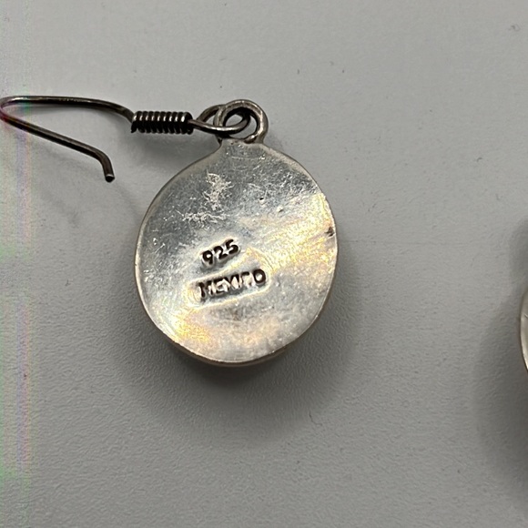 PINK CORAL AND MEXICAN STERLING SILVER DANGLE EARRINGS 1” TALL - Picture 7 of 8